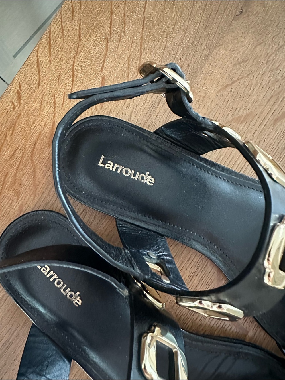 Larroude Milan Black Leather Sandal with Gold Accent, Size 8 - Picture 6 of 15